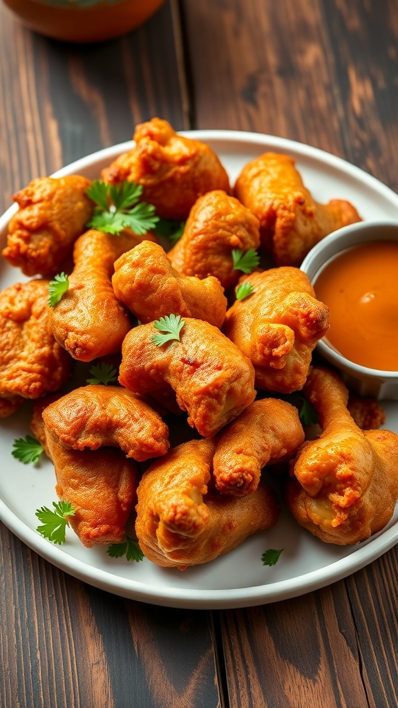 Crispy air-fried chicken gizzards served with dipping sauce on a rustic table.